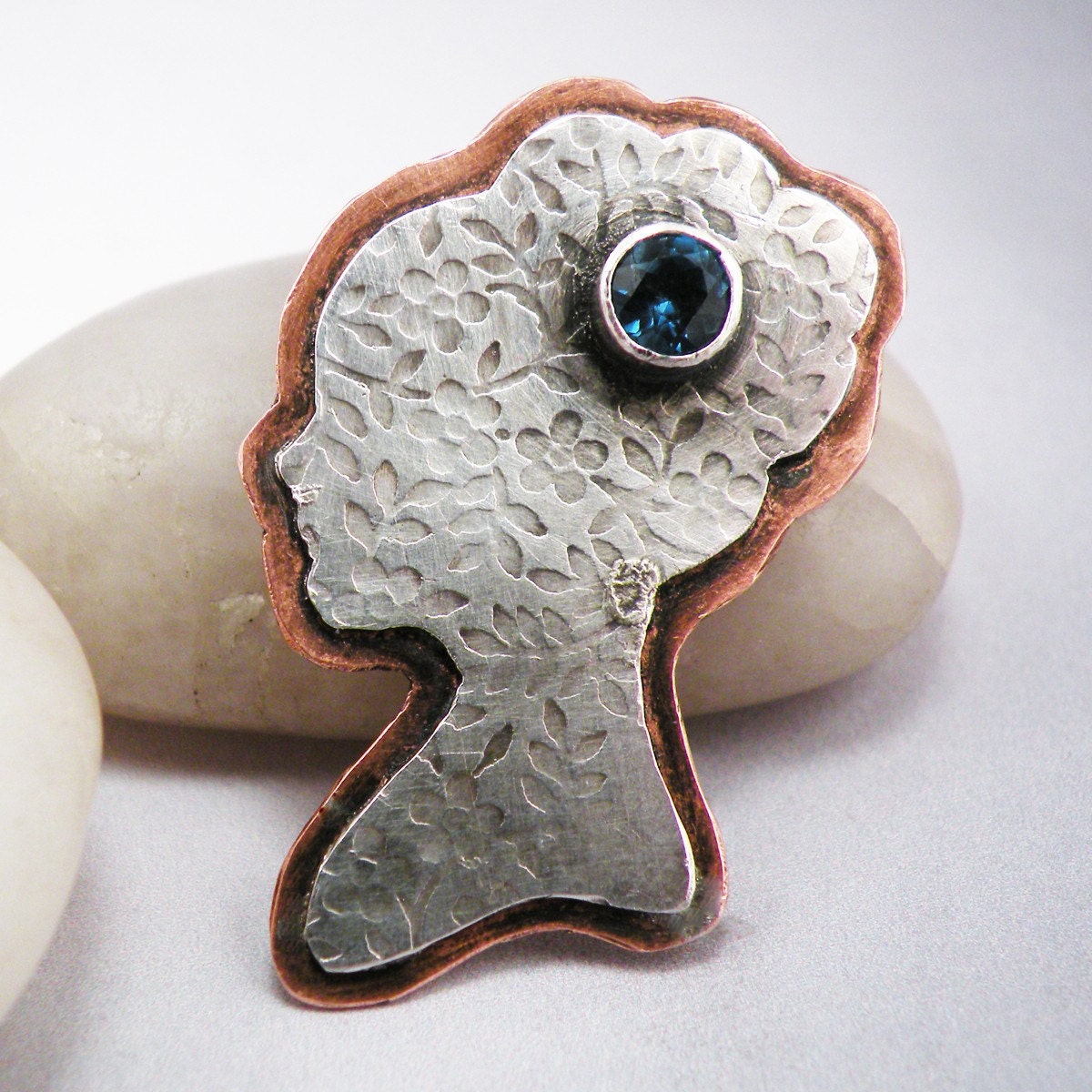 Story of a Lady Brooch Sterling Silver Copper and London Blue