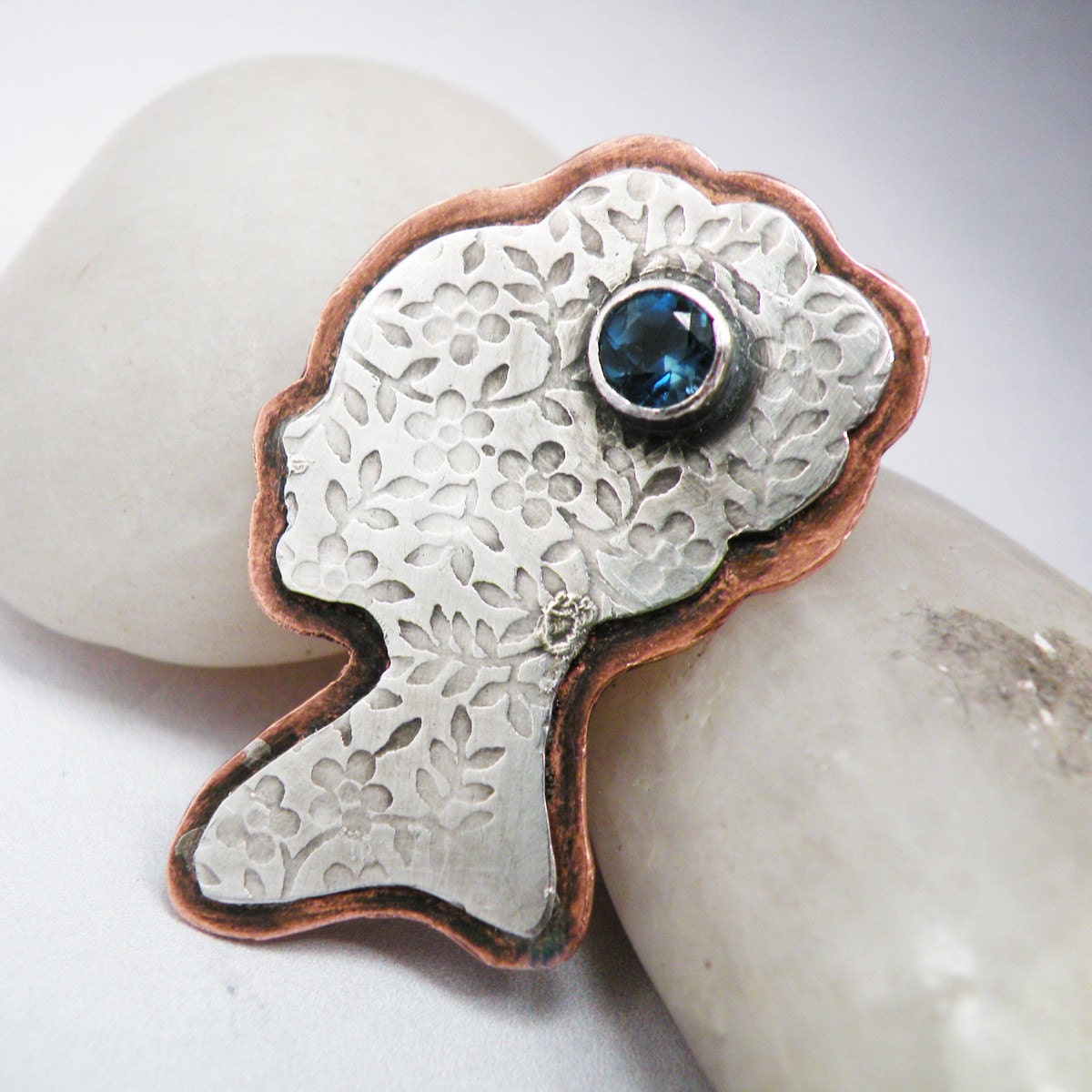 Story of a Lady Brooch Sterling Silver Copper and London Blue