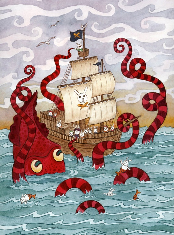Kraken Giant Squid Pirate Ship Art Print 8x 10