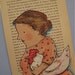 book page , original illustration on a page from a vintage French book , a woman and her chicken