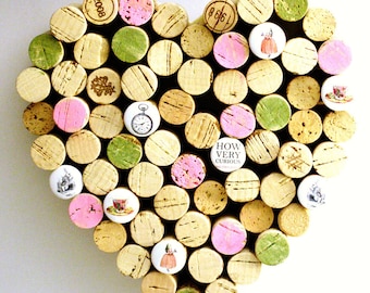 Heart Shaped Cork Board, Alice in Wonderland Decor, Wine Cork Art, Pink, Green, Art for Office, Recycled Memo Board, Office Decor, Corkboard