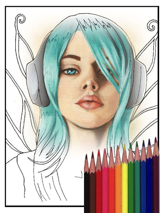 Headphone Fairy Coloring Page Fairy Art Printable Coloring