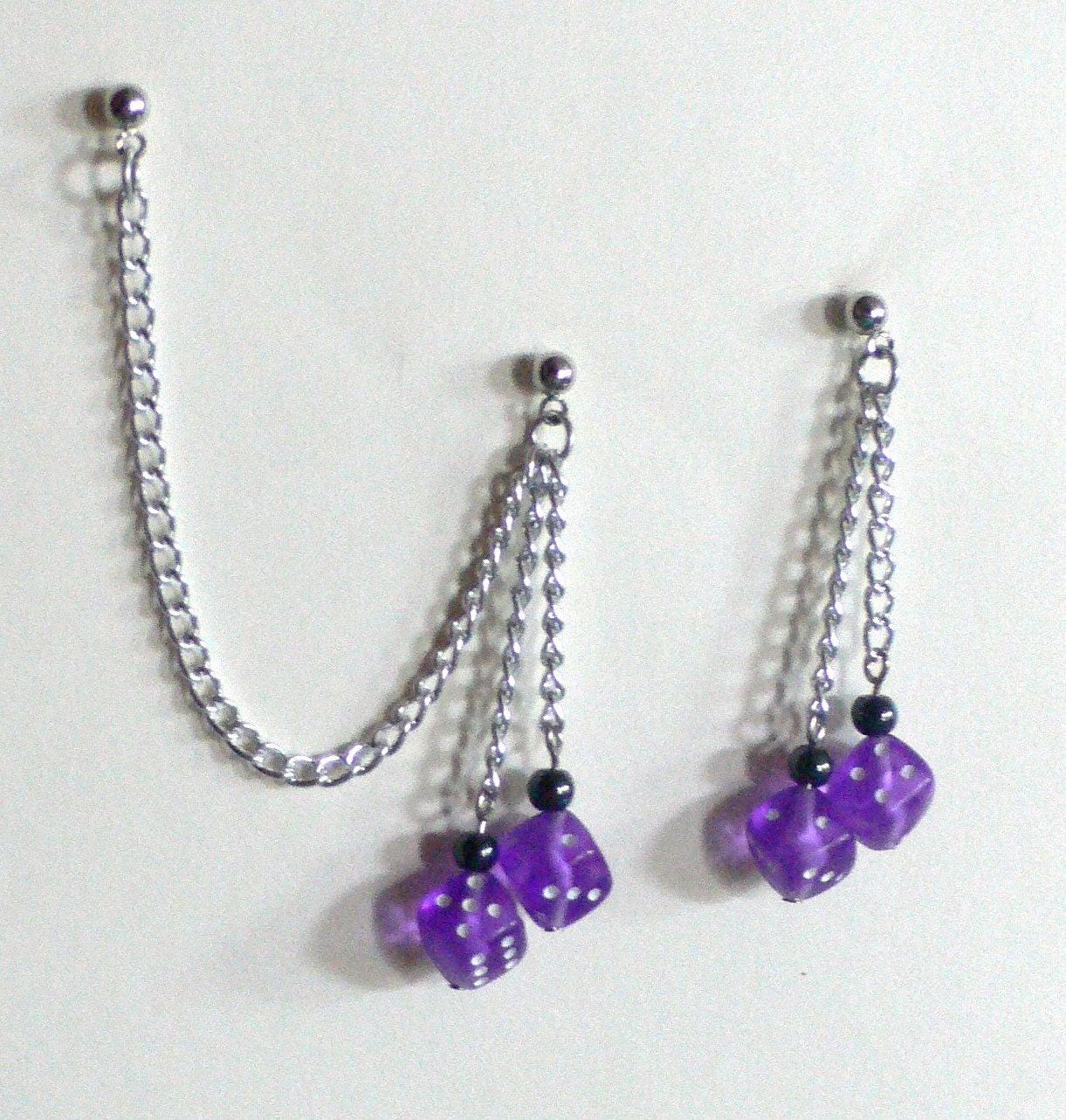 Cartilage Chain Earrings Purple Dice with Black Accent