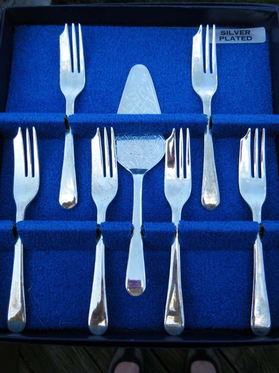 pastry 6 forks SET Vintage Silver PASTRY Cake Sheffield Plate England Server pastry 6 forks SET Vintage Silver PASTRY Cake Sheffield Plate England Server