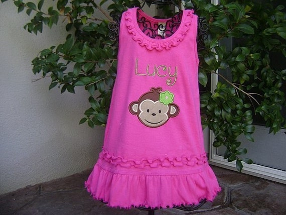 Personalized Girl Monkey Dress Custom Made by sewcutecreations