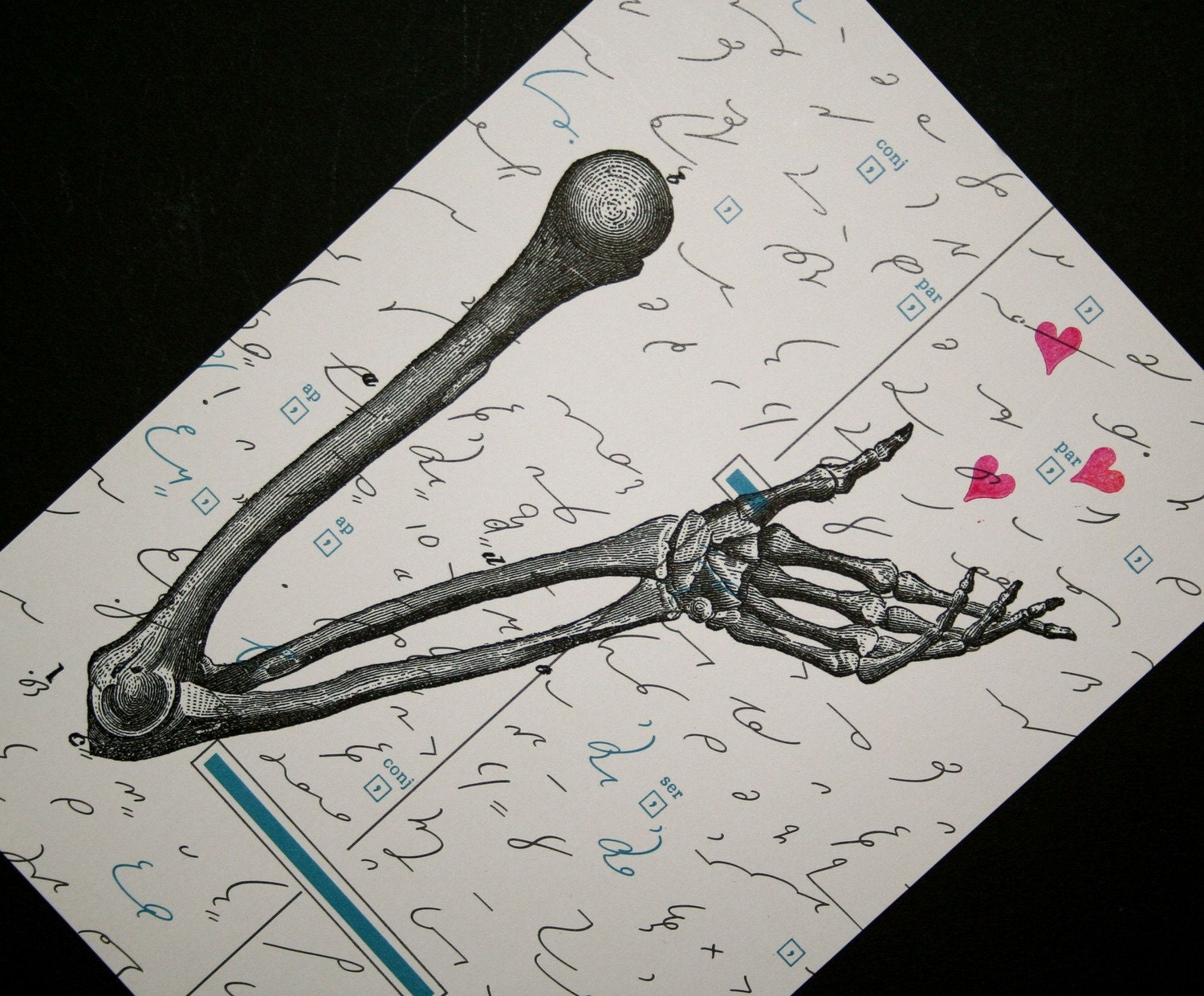 Skeleton Arm Print on Shorthand Book Page 5 x 7 Handful of