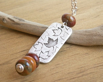 Scattered Leaves Fall Colors Necklace .925 sterling chain earthy Jasper beads autumn design in recycled Fine Silver rectangle charm pendant