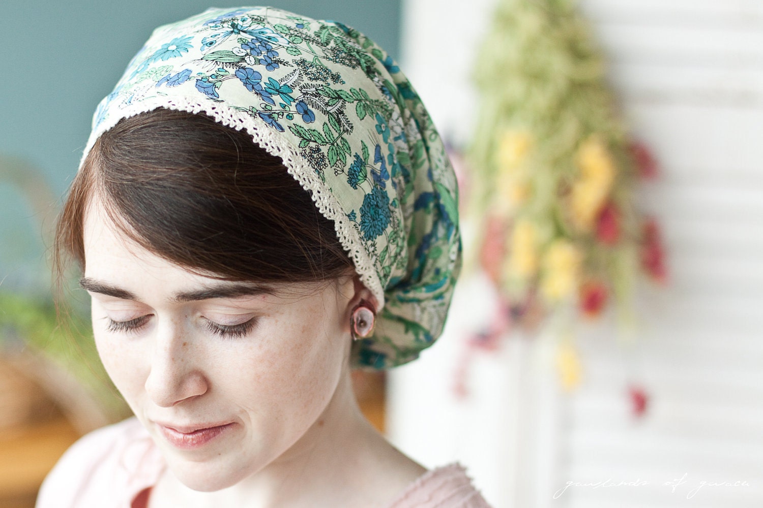 Cotton Lace And Juniper Flowers Victorian Snood Headcovering