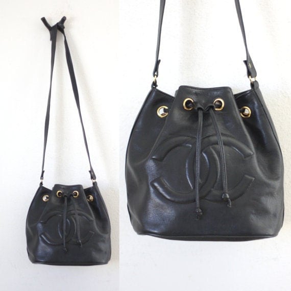 Vintage Chanel Black Leather Bucket Bag CC