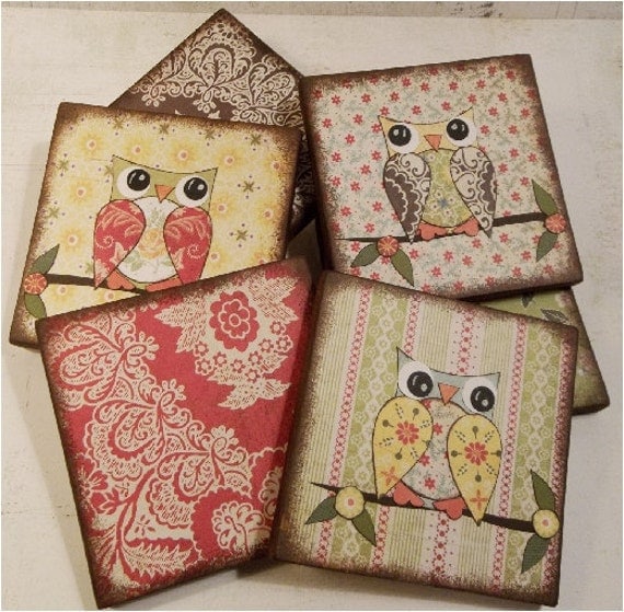paper decoupage canvas onto Coaster of Wood Owl Decoupaged Drink Wooden Bird Set Coasters