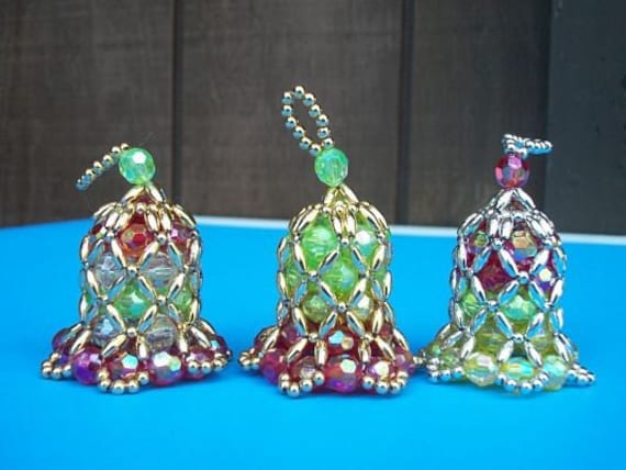 Set of 3 Christmas Tree Ornaments Beaded Bells