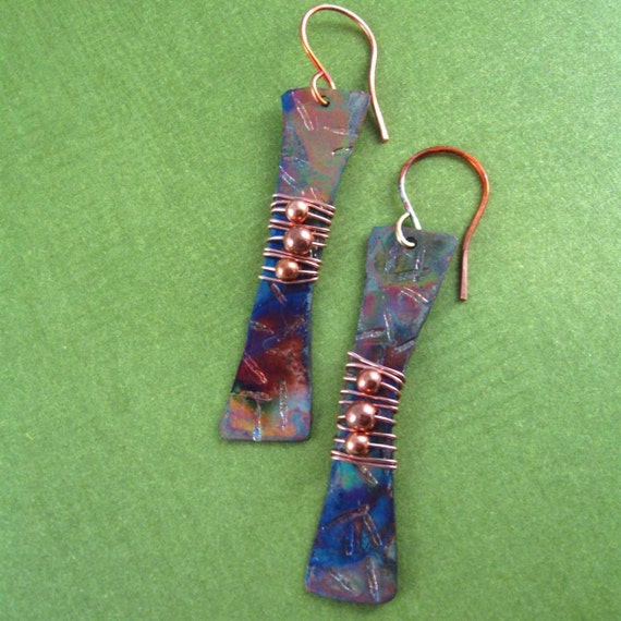 HAMMERED STICKS Copper Earrings Flame Kissed by FrancescaLynn