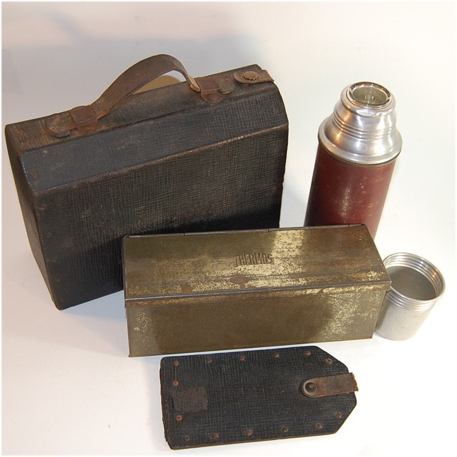 antique lunch box metal thermos and food container
