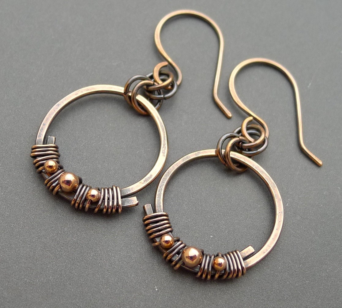 Oxidized Copper Circle Earrings with Copper Beads