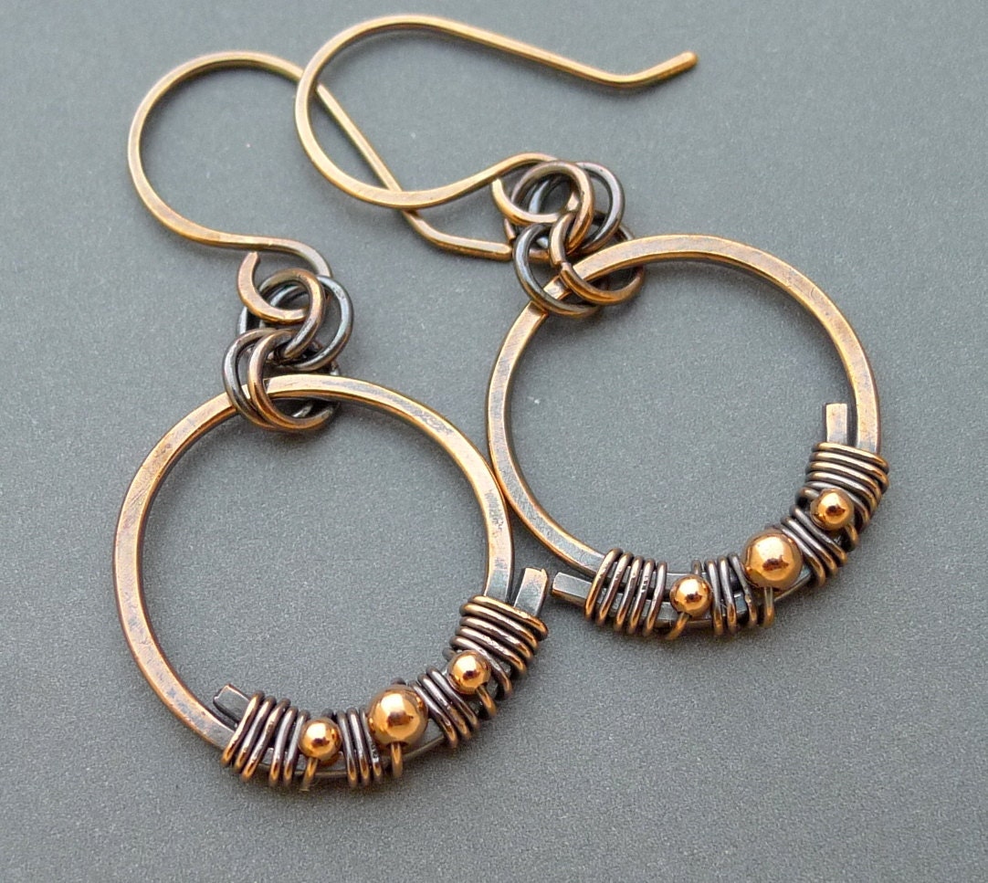 Oxidized Copper Circle Earrings with Copper Beads