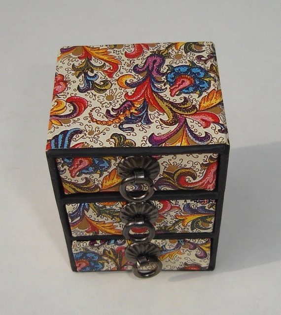 petite paisley print three pull drawer  box for jewelry, beads, supplies, doll furniture, display and shipping