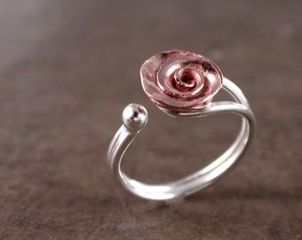 Rose ring, Copper, Sterling silver, adjustable, Flower jewelry