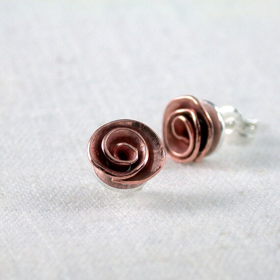 Rose earrings stud Copper Sterling silver Nature inspired