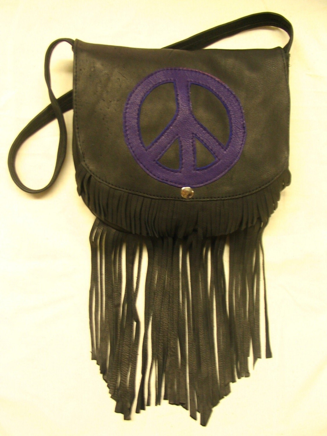 Hippie Peace Sign Leather Purse with Fringe in Black Deerskin