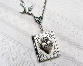 The ORIGINAL Silver Book Locket - Silver Sacred Heart BOOK LOCKET - Jewelry by BirdzNbeez - Wedding Birthday Confirmation Communion Gift