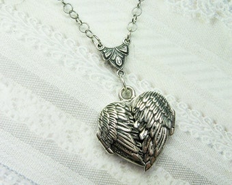 Silver Locket Necklace - Silver HEART Locket - My GUARDIAN ANGEL - Jewelry by BirdzNbeez - Wedding Birthday Bridesmaids Gift