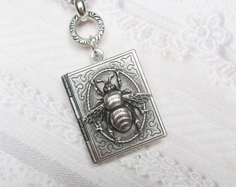 Silver Locket Silver Bee Keeper - ORIGINAL Silver Book Locket - Bee Necklace by BirdzNbeez - Wedding Birthday Bridesmaids Gift