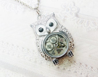 ORIGINAL Silver Owl Necklace - STEAMPUNK OWL Necklace - Jewelry by BirdzNbeez - Graduation Day Wedding Birthday Bridesmaids Gift