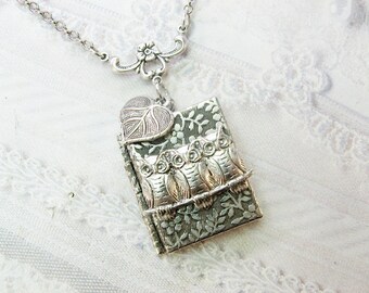 Silver Locket Necklace - The ORIGINAL Silver Garden OWL LOCKET - by BirdzNbeez - Wedding Birthday Bridesmaids Gift