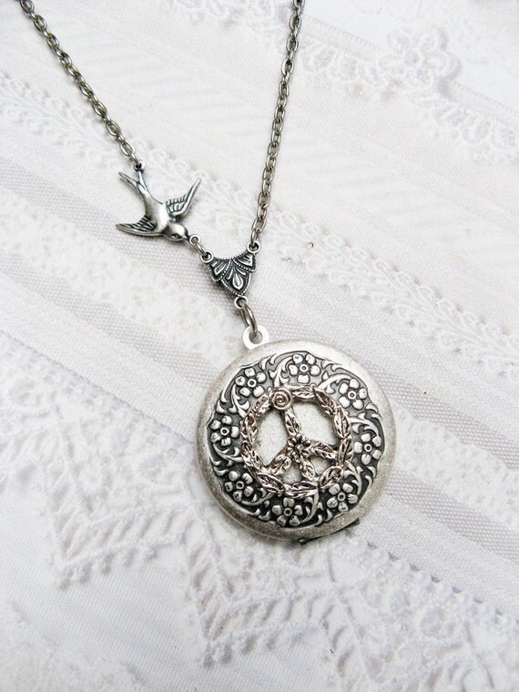 Silver Locket Necklace Peace Sign Locket Jewelry by