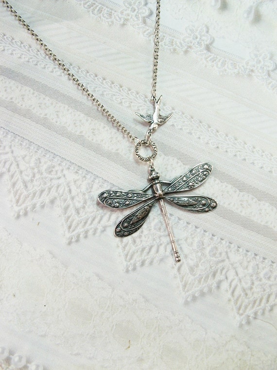 Items similar to Silver Necklace - SILVER DRAGONFLY and Sparrow ...