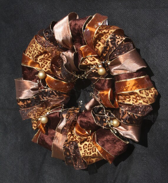 Items similar to Medium Holiday Ribbon Wreath leopard, brown, copper