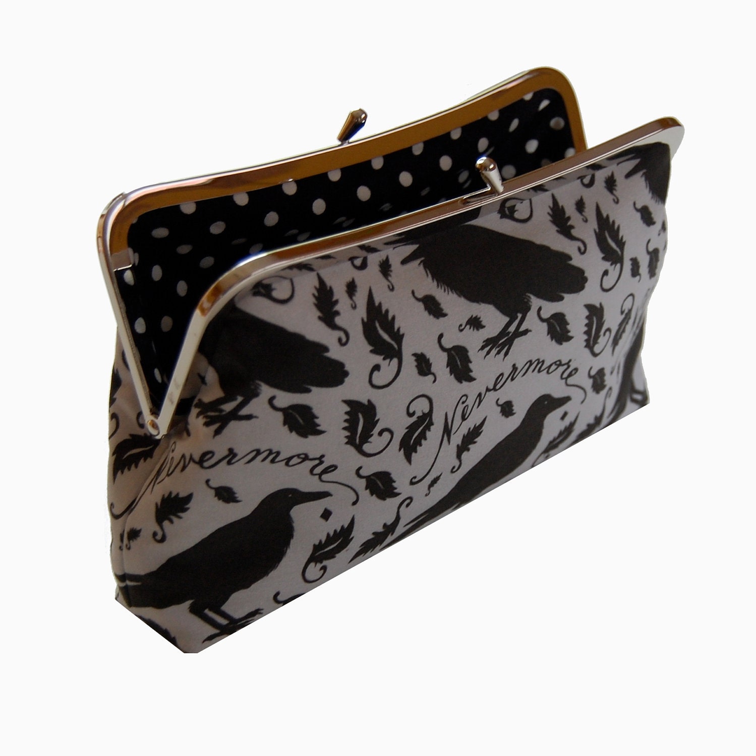 Clutch purse with black raven on gray inspired by Edgar