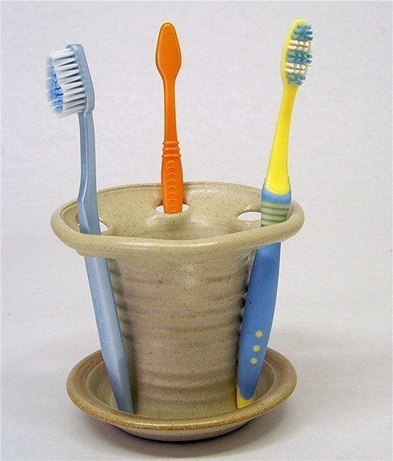 Handmade Stoneware Toothbrush Holder 6 holes beige