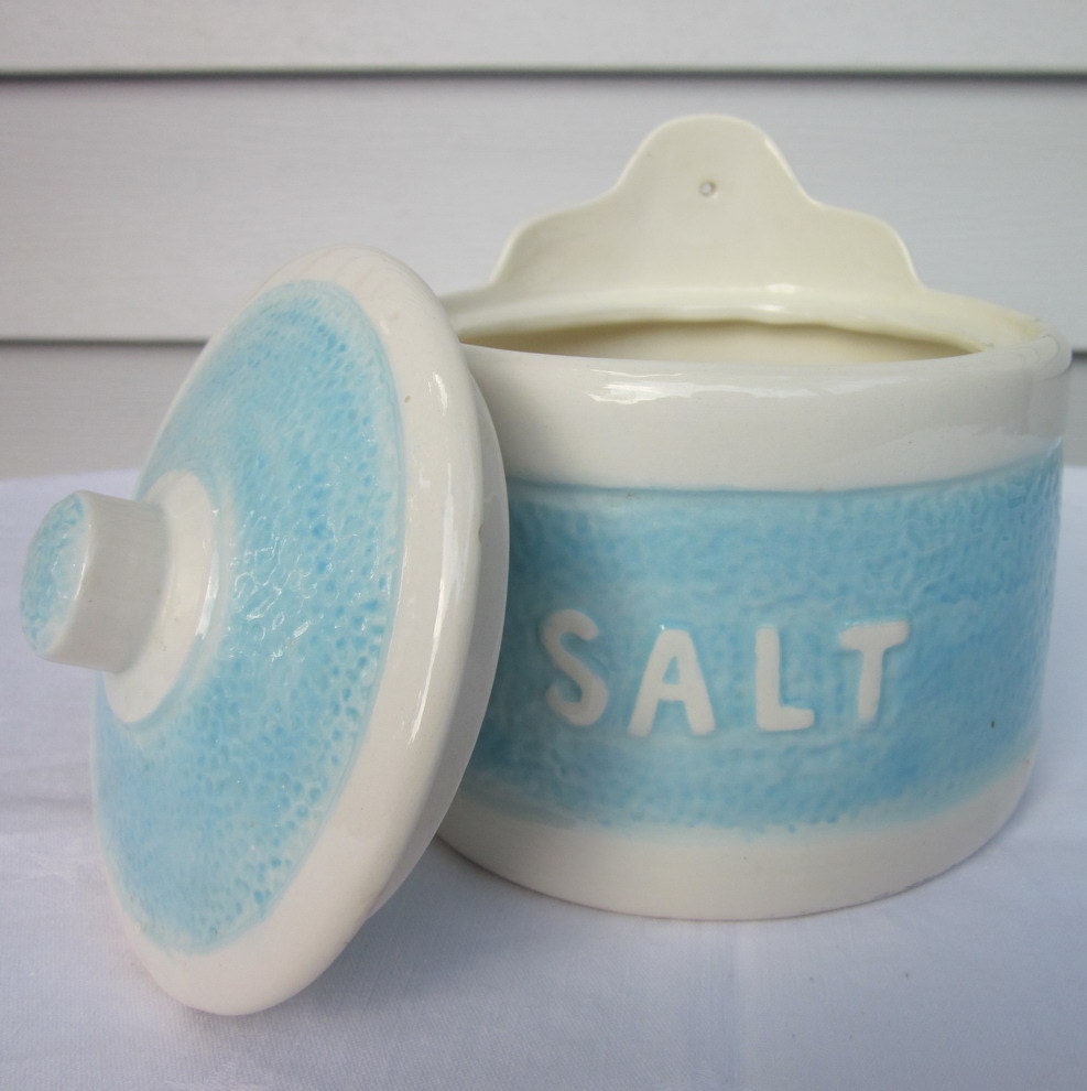 Vintage Salt Box Turquoise and White Pottery