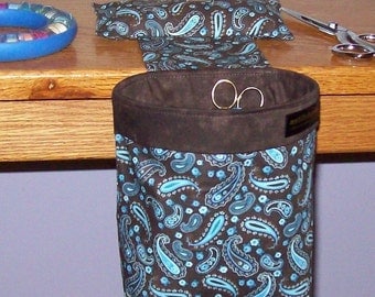 Thread Catcher, Scrap Caddy, Scrap Bag, Pincushion - With New Rubberized Gripper Strip - Brown and Light Blue Paisley