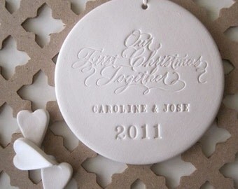 newlyweds, new family OUR FIRST CHRISTMAS Together personalized calligraphy ornament by Paloma's Nest, wedding, engagement, anniversary gift