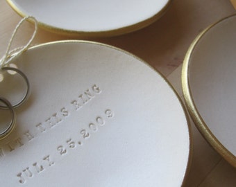 personalized gold rim Ring Bearer Bowl, custom wedding ring bowl with words, names, by Paloma's Nest