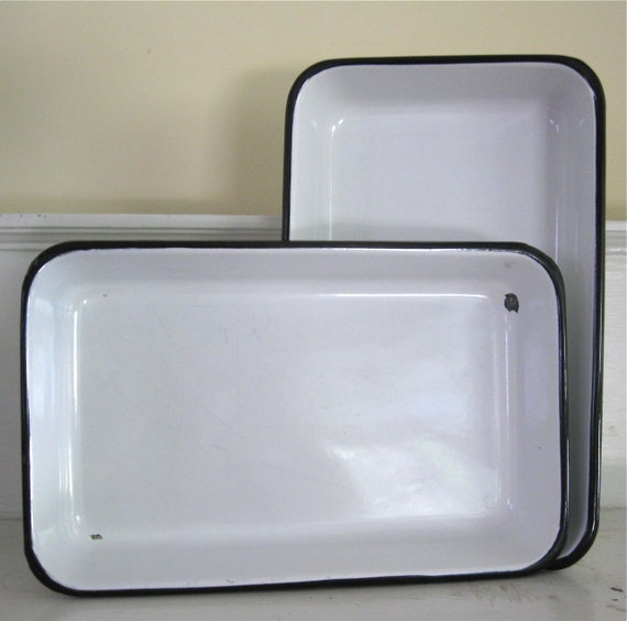 Vintage Enamelware Pans White Black Enamel Tray