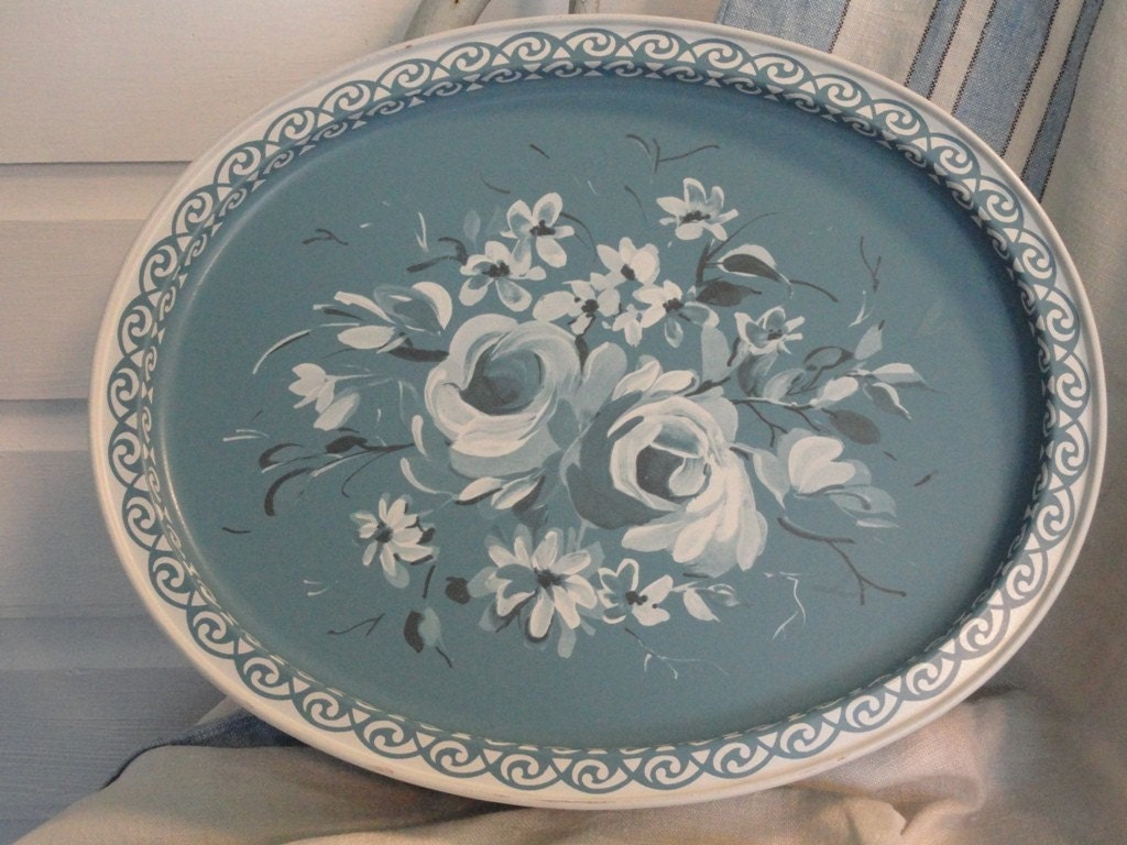 Extra Large Oval Vintage Tin Blue with White by NiftyKnacksVtgHome