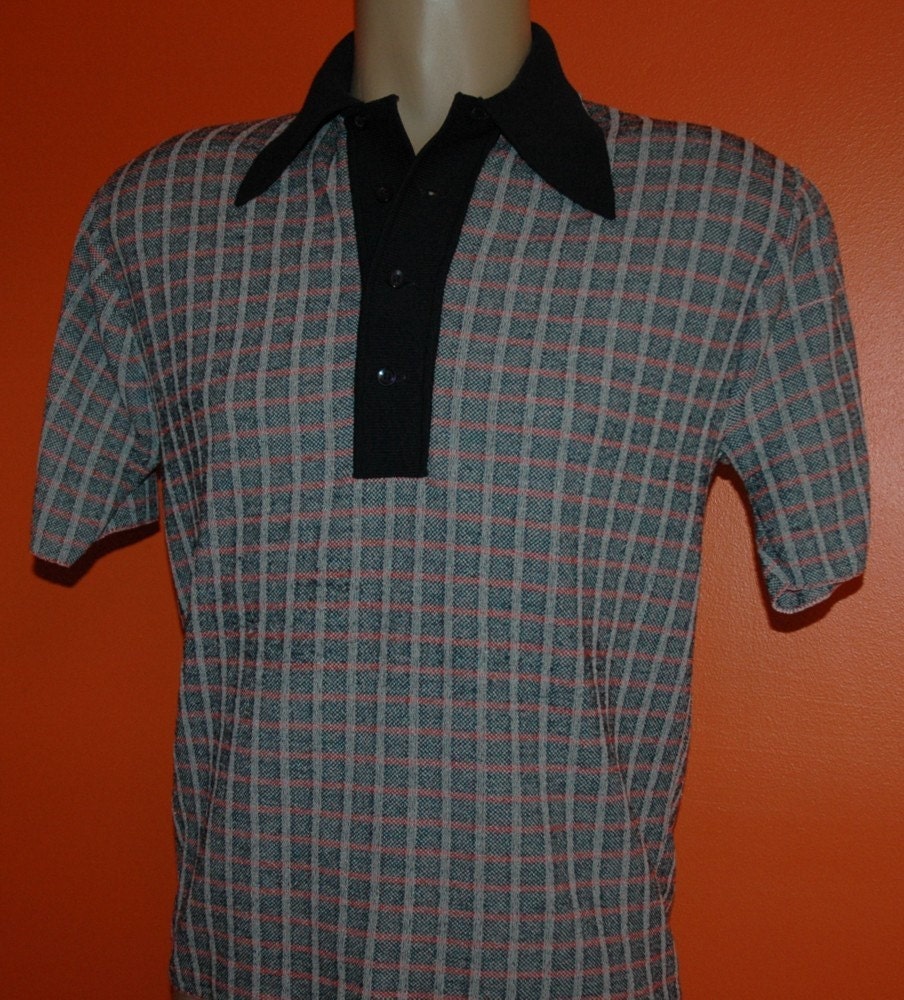 1960s Butterfly Collar Navy Plaid Golf Shirt by atomicvintage71