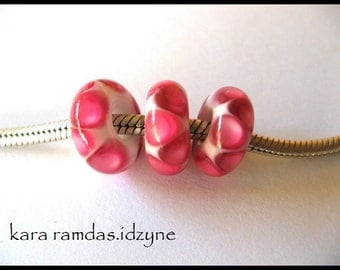 BHB Hot Pink Dots on White Bracelet Bead Big Hole Bead BHB Handmade Bead SRA - fits European Bracelets