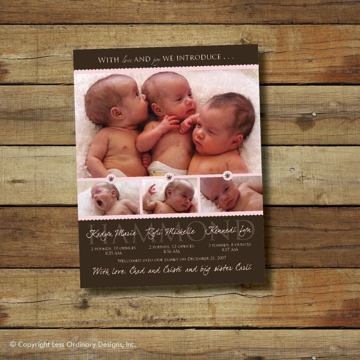 triplets birth announcement photo card by saralukecreative on Etsy