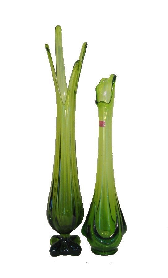 2 Vintage Viking Glass Tall Vases Swung Green Stretch Pair