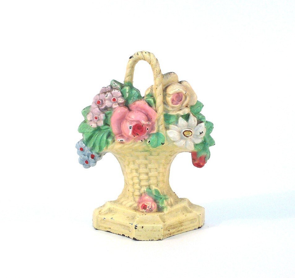 Antique Cast Iron Door Stop Flower Basket Doorstop