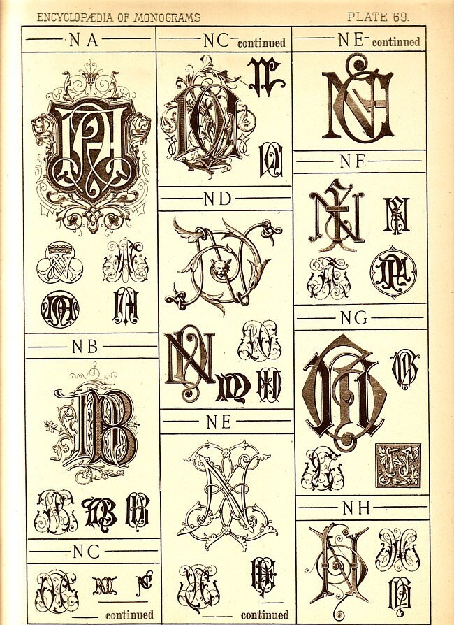 1884 antique n monograms page letter style ephemera plate