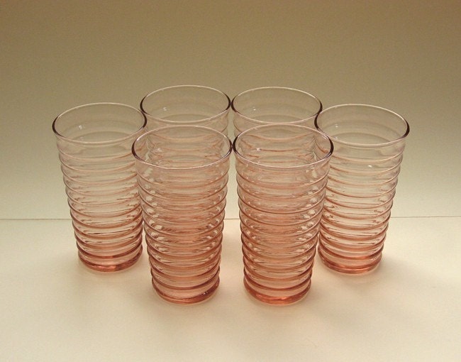 Pretty In Pink Vintage Ribbed Drinking Glasses Set Of 6 9807