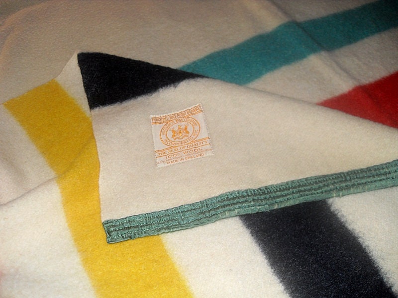 Hudsons Bay Point Blanket Striped Red Aqua 94X71 1930s