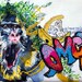 Baboon monkey art. Quirky embroidered painting. Textured original art with graffiti and bananas