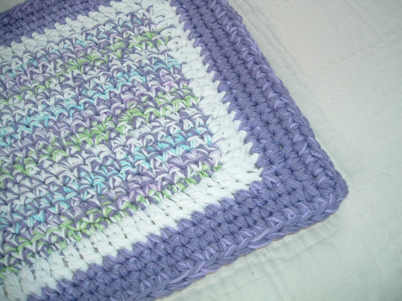Triple Crocheted Cotton Yarn Bath Mat Purple and White