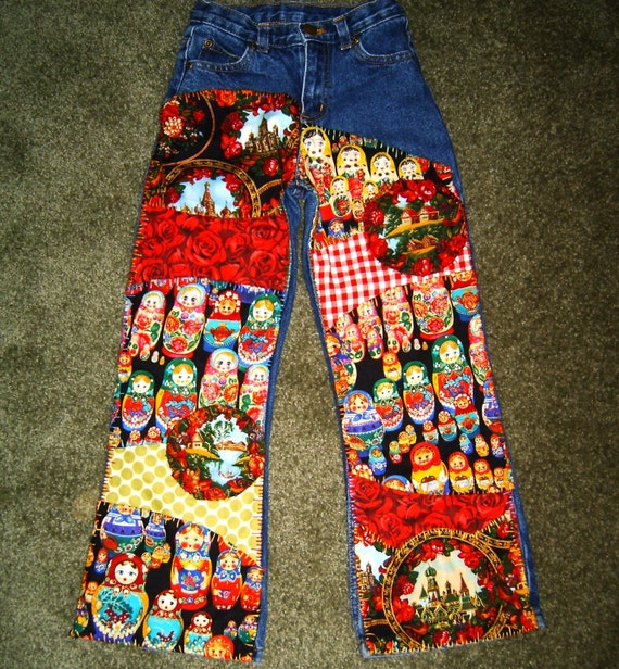 Items similar to Russian Doll Patchwork Jeans - Funky Decoupage Denim ...